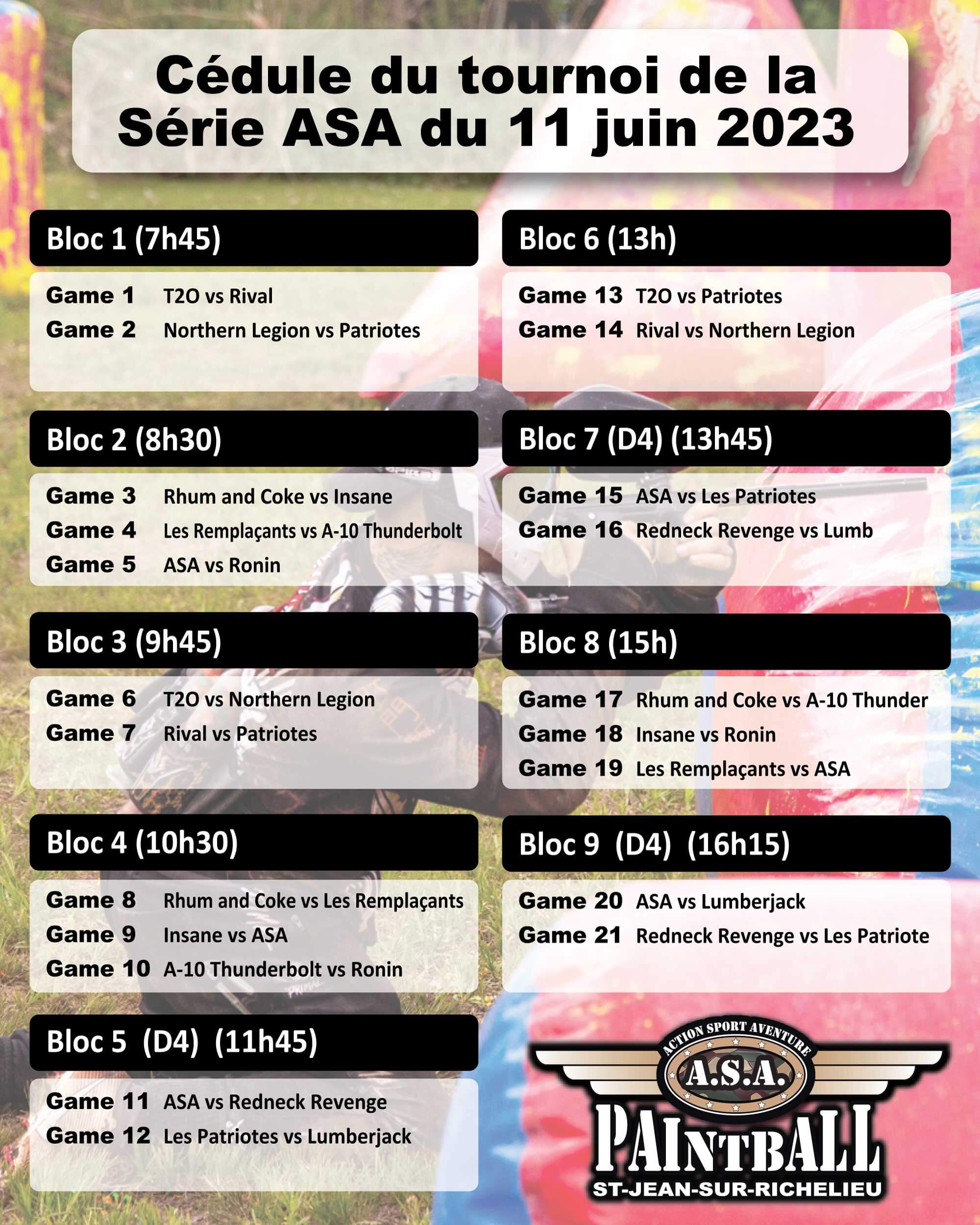 Calendrier du tournoi de la Série ASA SPEEDBALL du 11 juin 2023.