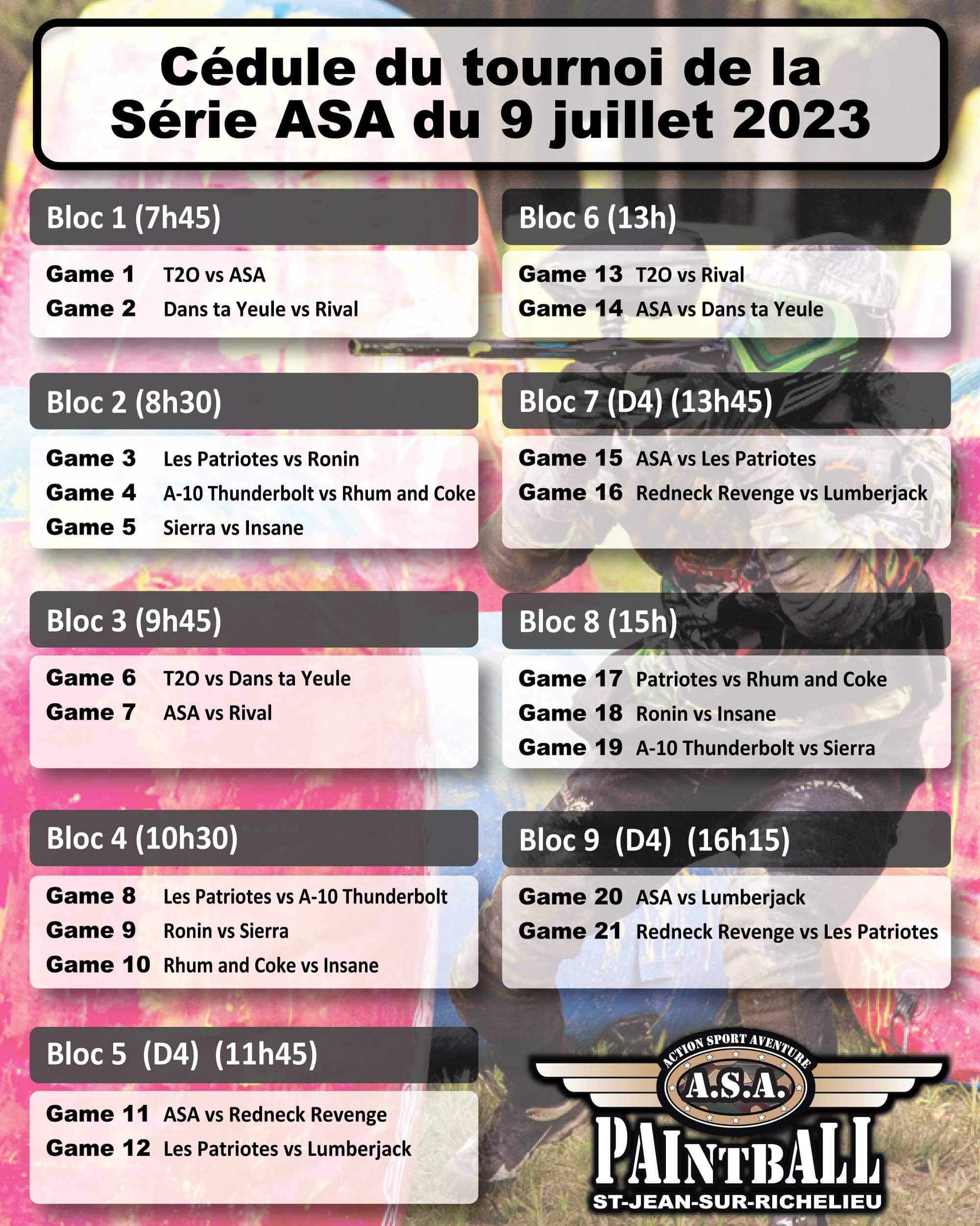 Calendrier du tournoi de la Série ASA SPEEDBALL du 11 juin 2023.