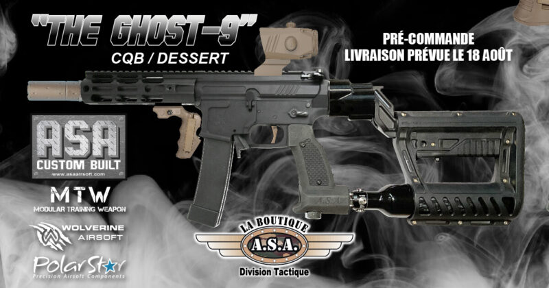Un fusil d'assaut de airsoft Wolverine Ghost 9 HPA modifiée par la boutique ASA Paintball Airsoft.